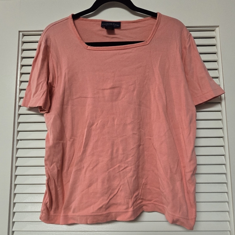 Charter Club - Coral 100% Cotton Short-Sleeve Square Neckline Top